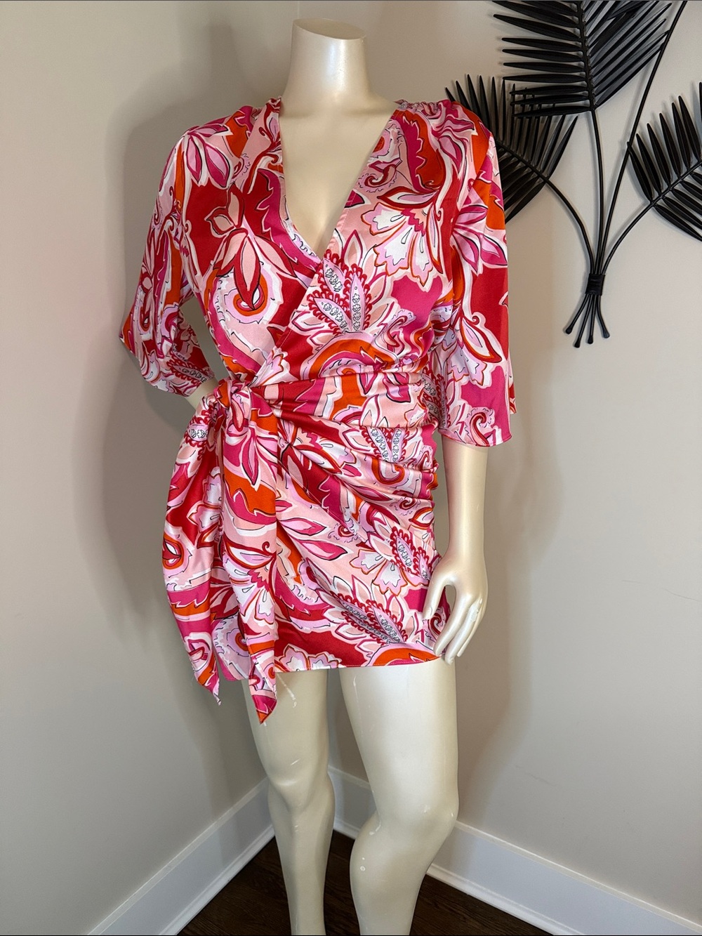 Zara Pink & Red Printed Wrap Mini Dress